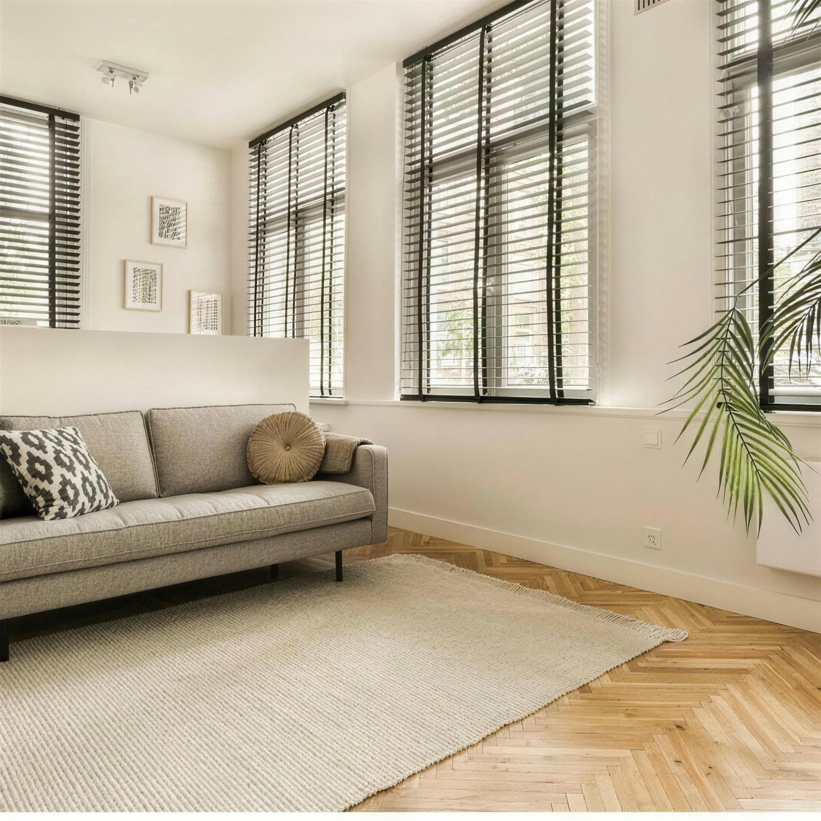 A finished living room in daylight: herringbone oak, tall windows, ready to be lived in